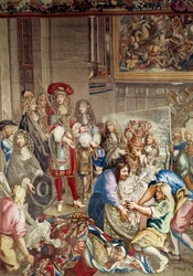 Visite de Louis XIV à la Manufacture des Gobelins en présence de Jean-Baptiste Colbert (1619-1683) et du peintre Charles Le Brun (1619-1690), 15 octobre