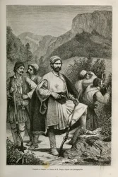 Brigands et bergers grecs, complices dans les montagnes, dessin de E.Ronjat, pour illustrer l