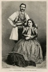 Portraits du prince Nicolas Ier Petrović-Njegoš de Monténégro (1841-1921) et de son épouse Milena, née Vukotić (1847-1923), dessin d