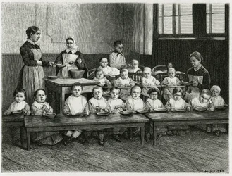 Le repas des enfants à la crèche. Gravure par E. Ronjat, pour illustrer l