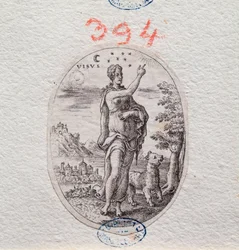 Allégorie de la vue, une femme montre le ciel (gravure)