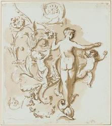 Nu féminin vu de dos, avec deux putti, parmi une décoration de feuilles d