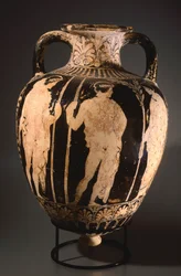 Amphore avec pointe par le Peintre de Pérouse. Poterie à figures rouges de Pérouse (Ombrie). Civilisation étrusque, 4e siècle av. J.-C.