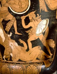 Antiquité étrusque : cratère en cloche représentant la destruction de Troie : détail représentant Priam tué par Néoptolème. De Falerii Veteres (Civita Castellana). 350-300 av. J.-C. Rome, Museo Nazionale di Villa Giulia