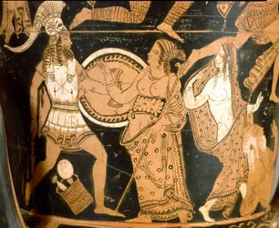 Antiquité étrusque : cratère en cloche représentant la destruction de Troie : détail montrant Ménélas face à Aphrodite, Hélène est représentée à droite. Provenant de Falerii Veteres (Civita Castellana). 350-300 av. J.-C. Rome, Museo Nazionale di Villa