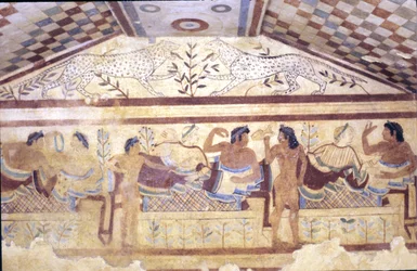Tombe étrusque des Léopards, fresque montrant une scène de banquet, Tarquinia. 5ème siècle av. J.-C., Italie (fresque)