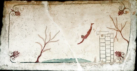 Art étrusque : Un jeune nageur plongeant. Fresque de la tombe du « plongeur »
