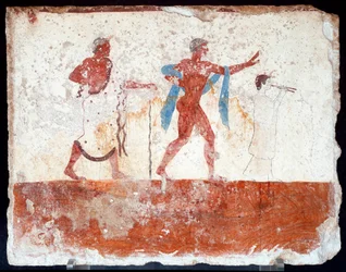 Art étrusque : un jeune éphèbe, un musicien et un maître de cérémonie. Fresque de la tombe du « Plongeur ». Provenant de la nécropole méridionale de Paestum. 480-470 av. J.-C. Musée archéologique national, Paestum