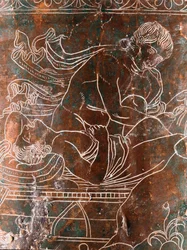 Art étrusque : détail de la Ciste Ficoroni en bronze représentant la légende des Argonautes : le navire Argo. Provenant de Préneste (Palestrina). 340 av. J.-C. Museo Nazionale di Villa Giulia, Rome