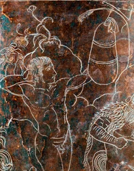 Art étrusque : détail de la Ciste Ficoroni en bronze représentant la légende des Argonautes : un Argonaute s