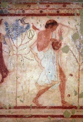 Art étrusque : fresques représentant des scènes de banquet, détail représentant un joueur de lyre. Tombe des Tricliniums. Ve siècle av. J.-C. Musée archéologique national de Tarquinia, Italie