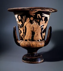 Civilisation étrusque : cratère en terre cuite décoré par le peintre de Nazzano représentant Apollon et une ménade, 350 av. J.-C. Dim 57 cm. Du site de Civita Castellana