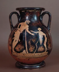 Civilisation étrusque : pélikè en terre cuite représentant Hercule et un vieil homme, symbole de la vieillesse, de Cerveteri, Italie, Ve-IVe siècle av. J.-C.