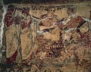 Fresque représentant le banquet funéraire de Velthur Velcha avec son épouse Ravnthu Aprthnei divertis par deux musiciens