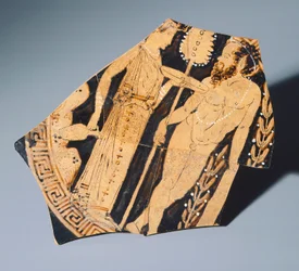Kylix par le Peintre de Villia Giulia, fragment. Poterie à figures rouges. Civilisation étrusque, IVe siècle av. J.-C.