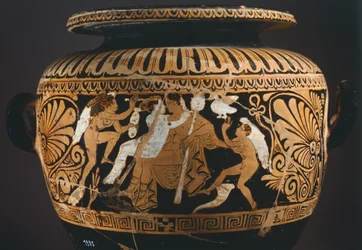 Stamnos (vase de stockage de liquide), détail montrant Dionysos et Ariane. Céramique à figures rouges de Porano (Ombrie). Civilisation étrusque, IVe siècle av. J.-C.