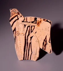 Fragment de kylix en terre cuite représentant une ménade et un satyre, 350 av. J.-C.