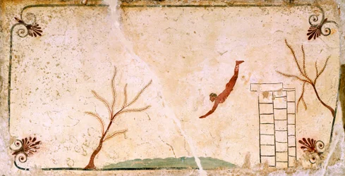 Plongeur, vers 480-490 av. J.-C., fresque décorative de la dalle de couverture de la Tombe du Plongeur à Paestum, Campanie, Italie, Ve siècle av. J.-C.