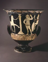 Cratère (grand vase) par le Peintre de Londres. Poterie à figures rouges de Gualdo Tadino (Ombrie). Civilisation étrusque, IVe siècle av. J.-C.