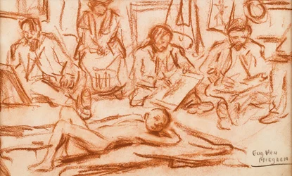 Augustine parmi des artistes dessinant