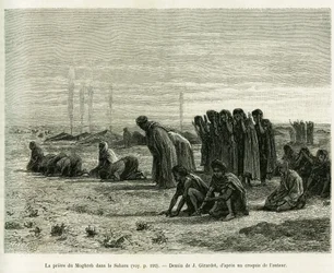 La prière du Maghreb au Sahara. Gravure de J. Girardet, pour illustrer le récit Cinq mois chez les Maures nomades du Sahara occidental, de Camille Douls, 1887, dans Le Tour du monde 1888, sous la direction d