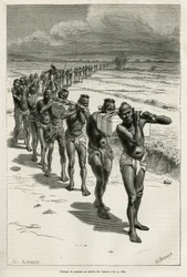 Colonne de porteurs à travers les rizières, entre Bassac et Hué, gravée d