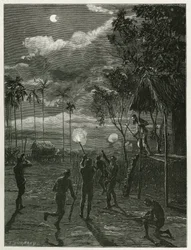 Le Dr Harmand réveillé en pleine nuit par le bruit des fusils des indigènes Khas, tirant sur la lune soumise à une éclipse, à Attopeu (Laos), gravure par Eugène Burnand, pour illustrer le récit du Laos et des populations sauvages d