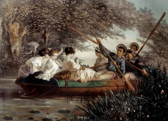 La promenade en bateau Lithographie par Eugène Guérard (1821-1866) 19e siècle Collection privée