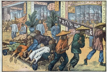 Guerre civile entre nationalistes et communistes en Chine : après les troubles communistes à Canton, les cadavres des victimes sont entassés sur des charrettes. Illustration de Damblans. Dans « Le Pèlerin » du 4 mars