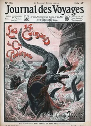 Crocodiles dévorés par des requins. Illustration de Damblans « Les quatorze caïmans du capitaine Padarnac » par Camille Debans (1834-1910). Gravure dans « Journal des Voyages » de 1907.