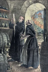 Dom Pierre Pérignon (1639-1715), moine bénédictin, inventeur du procédé de fabrication du champagne. Illustration de Damblans