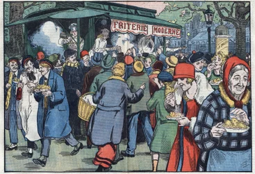 À Paris, un vendeur de frites (marchand de frites), encouragé par le gouvernement, parcourt les différents quartiers pour encourager la population à manger du poisson. Illustration de Damblans. Dans « Le Pèlerin » du 11 avril.