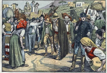 Brigands arrêtés par la police fasciste italienne. Sicile, Italie. Illustration de Damblans. Dans « Le Pèlerin » du 14 février.