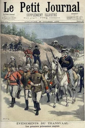 Afrique du Sud - Guerre des Boers. Événements du Transvaal. Premiers prisonniers anglais capturés par les Boers. Dessin de Damblans. « Le Petit Journal », 29 octobre