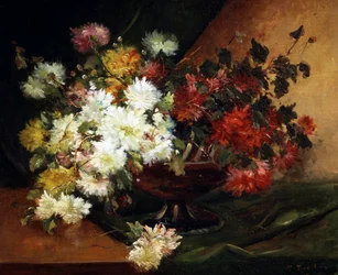 Nature morte aux asters. Peinture de Eugene Henri Cauchois (1850-1911) Collection privee.