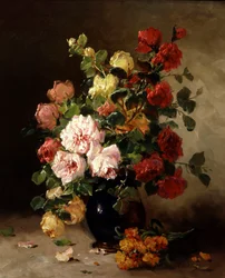 Nature morte de roses et de giroflees. Peinture de Eugene Henri Cauchois (1850-1911) Collection privee.