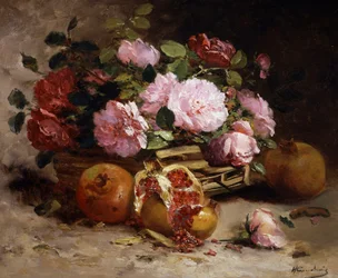 Nature morte de roses roses et grenades. Peinture de Eugene Henri Cauchois (1850-1911) Collection privee.