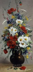 Nature morte de bleuets, marguerites et coquelicots. Peinture de Eugene Henri Cauchois (1850-1911 Français) Collection privée