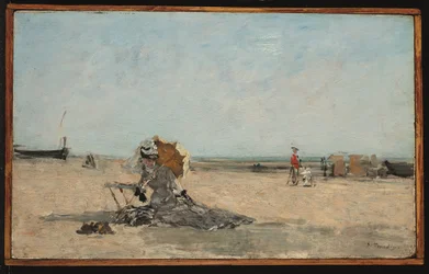Femme avec un parapluie sur la plage, vers 1880-85 (huile sur panneau)