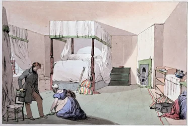 Auberge : un serviteur aidant un client à mettre ses chaussures. Illustration par Eugène Louis Lami (1800-1890), milieu du XIXe siècle