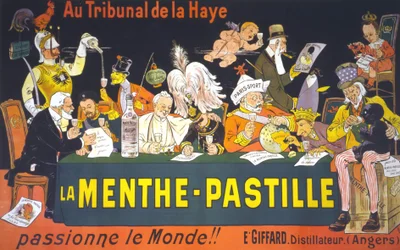 Affiche caricaturale sur la Conférence de paix à La Haye en 1899 : « À la Cour de La Haye, la pastille de menthe - passionne le monde ! » par Eugène Ogé (1861 - 1936)