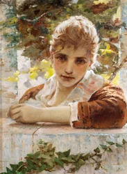 Femme sur le porche par Eugenio Prati (1842-1907)