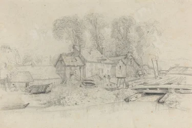 Paysage fluvial avec bâtiments, bateaux et personnages