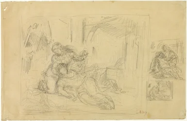 Femme mourante (?), Homme dans la chambre, Deux croquis du même
