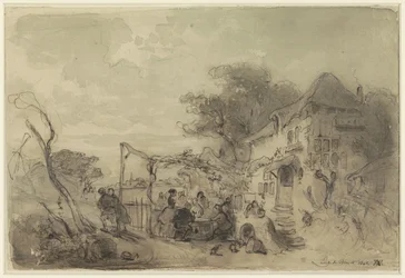 Groupe sur une terrasse devant une auberge le long d