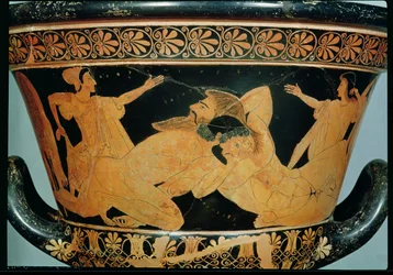 Cratère à calice attique à figures rouges représentant Héraclès luttant avec Antée, de Cerveteri, vers 510 av. J.-C.