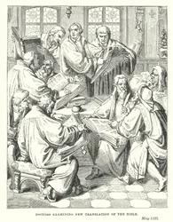Médecins examinant la nouvelle traduction de la Bible (gravure)