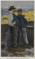 Fin de la journée de travail. Scène typique sur la côte suédoise (gravure en couleur)