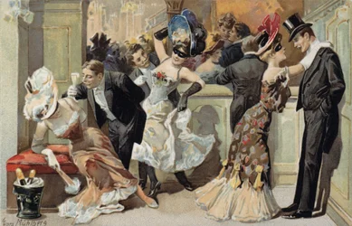 Bal masqué, hommes et femmes buvant du champagne (chromolitho)