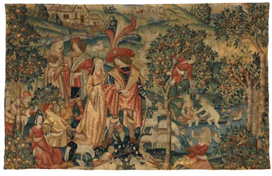 Tapisserie représentant une Scène pastorale avec cueillette de fruits, ou Le Seigneur dans son parc ou Alliance rurale et cueillette de fruits, vers 1500